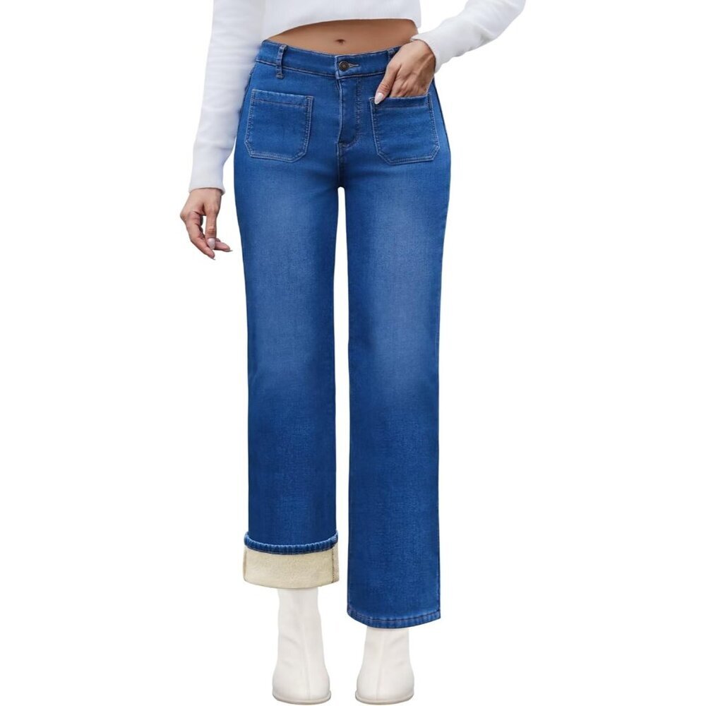 Fleece Lined Jeans Women Straight High Waist Denim Winter Pants With Pockets